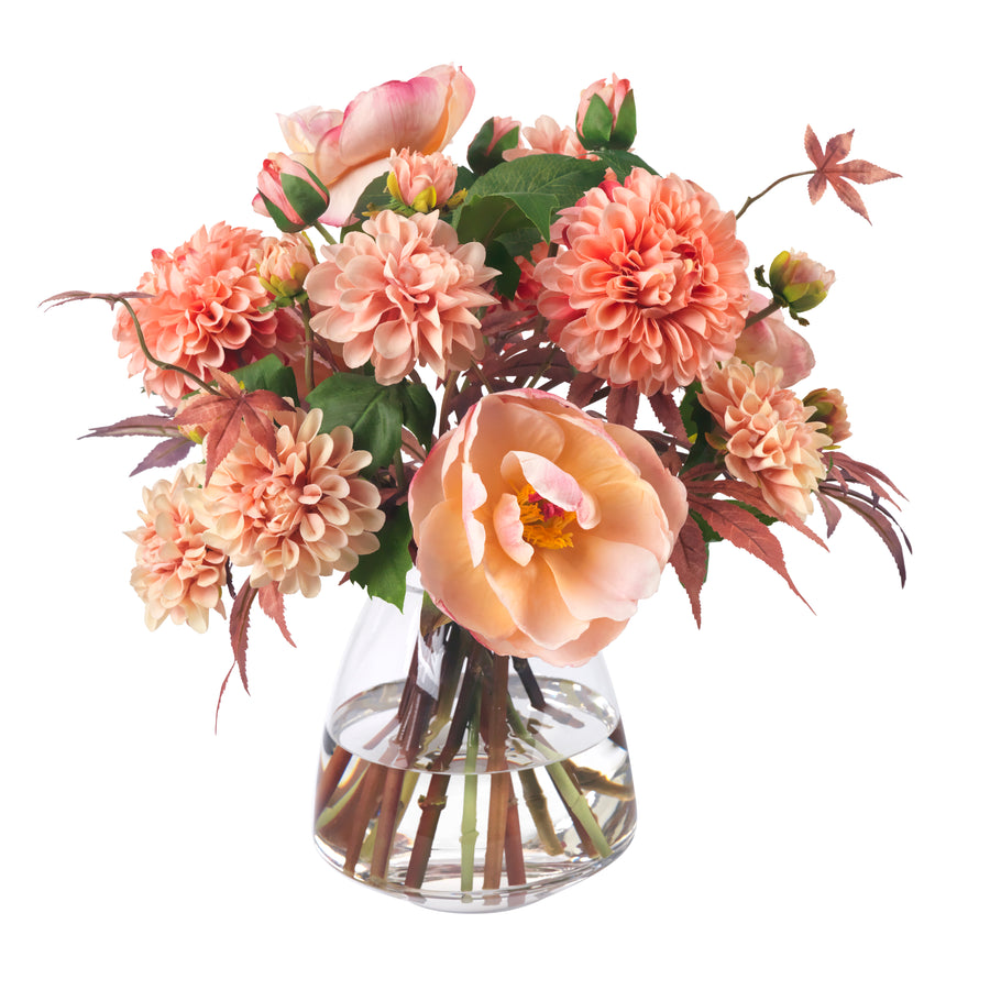 Colorful Dahlias in Glass Vase