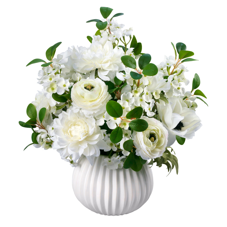 Dahlias and Anemones in White Ceramic Vase