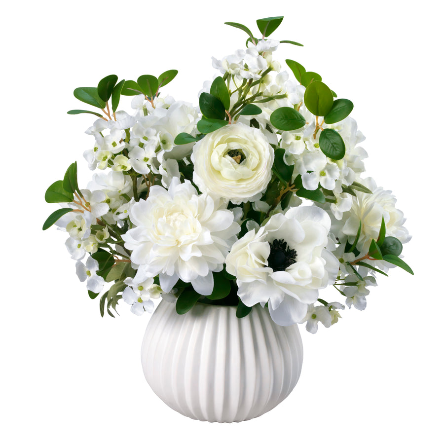 Dahlias and Anemones in White Ceramic Vase