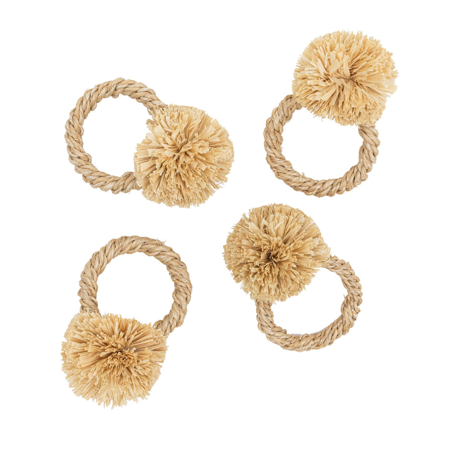 Straw Pompom Napkin Rings - Set of 4