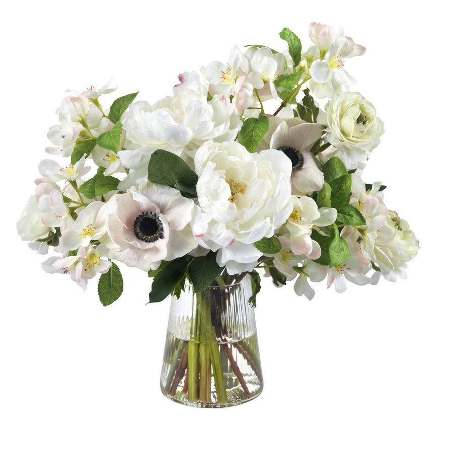 Apple Blossoms, Peonies and Ranunculus in Glass Vase